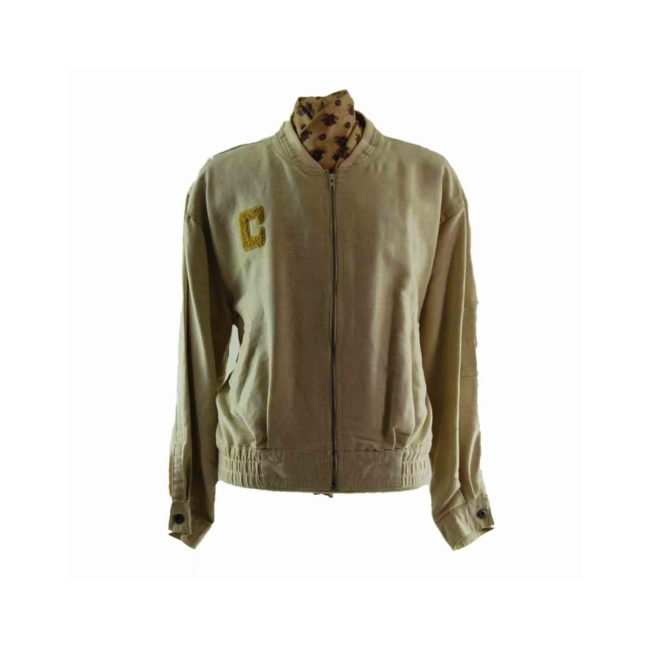 90s Light Cream Linen Bomber Jacket- XL