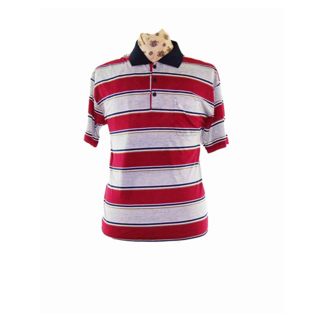 90s Red Multicolored Striped Polo Shirt - XL