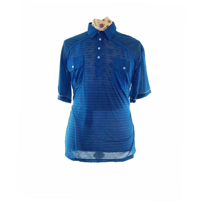 90s Deep Blue Thin Striped Polo  - XL