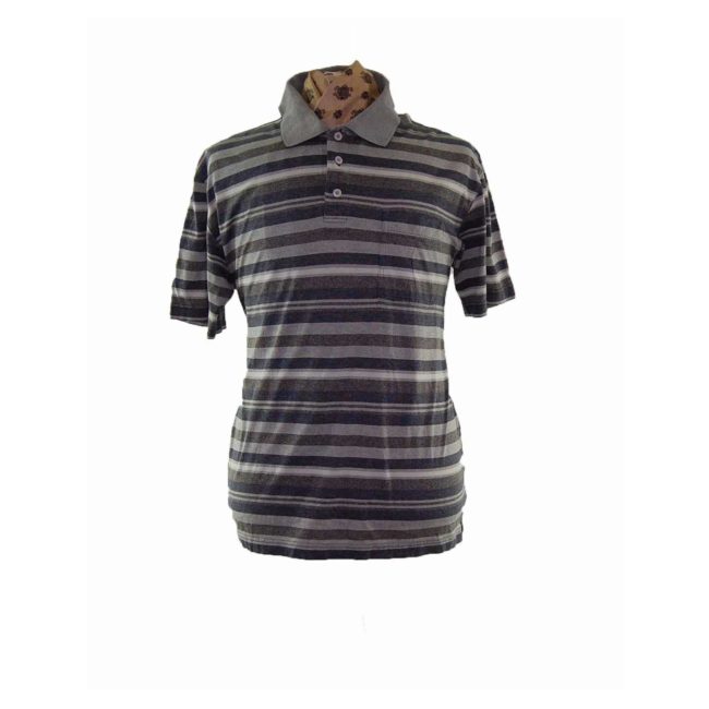 90s Grey Striped Short Sleeve Polo - XXL
