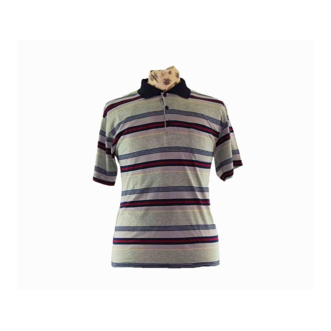 90s Striped Grey Short Sleeve Polo - L