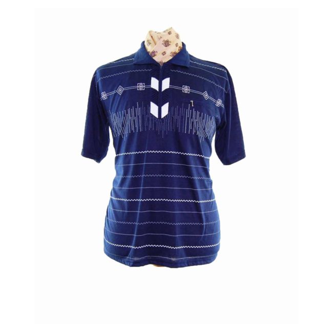 90s Navy Print Short Sleeve Polo - XL