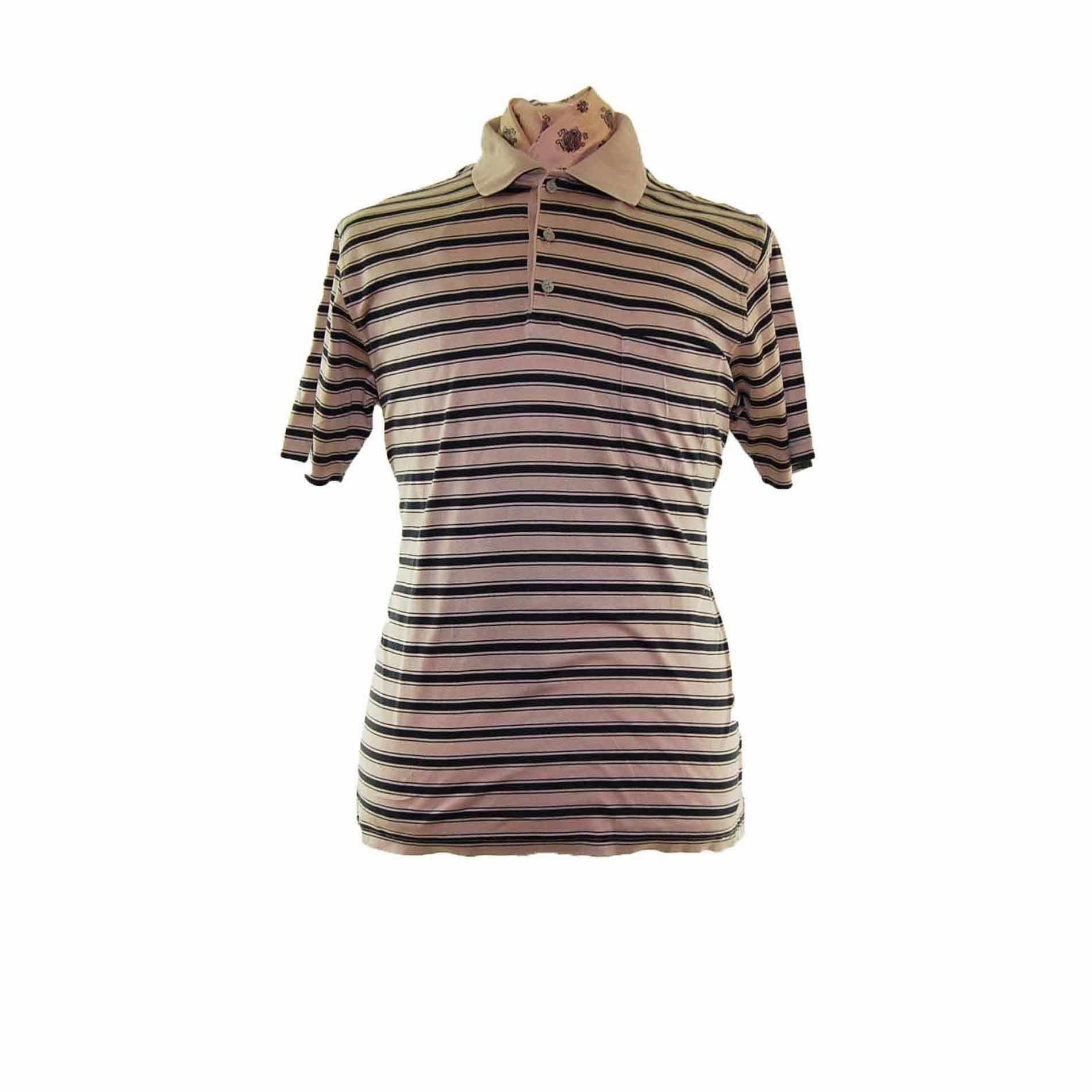 90s Tan-Black Striped Polo - Blue 17 Vintage Clothing