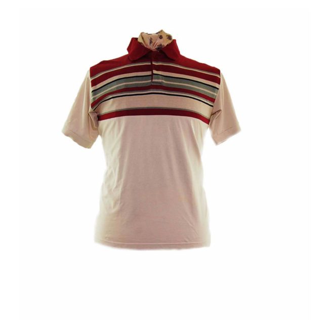 90s Tan Stripe Detail Short Sleeve Polo - M