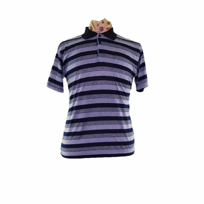 90s Navy Grey Striped Polo - L