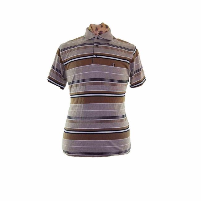 90s Beige Striped Short Sleeve Polo - L
