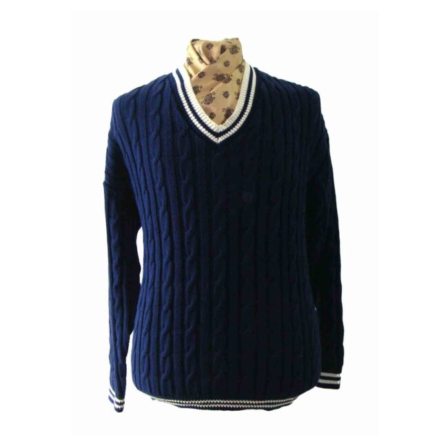 Dark Blue V Neck Cable Knit Sweater