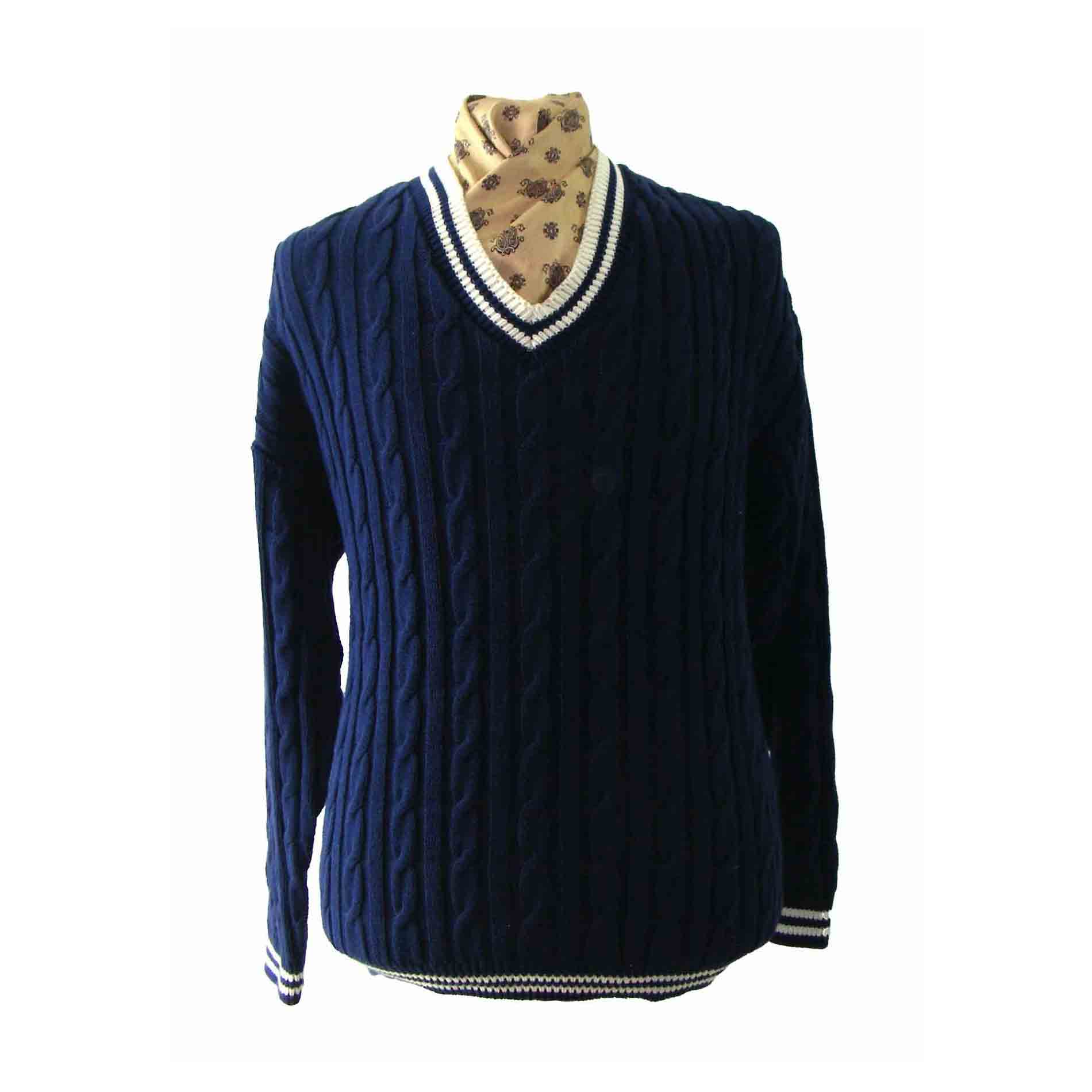 Dark Blue V Neck Cable Knit Sweater