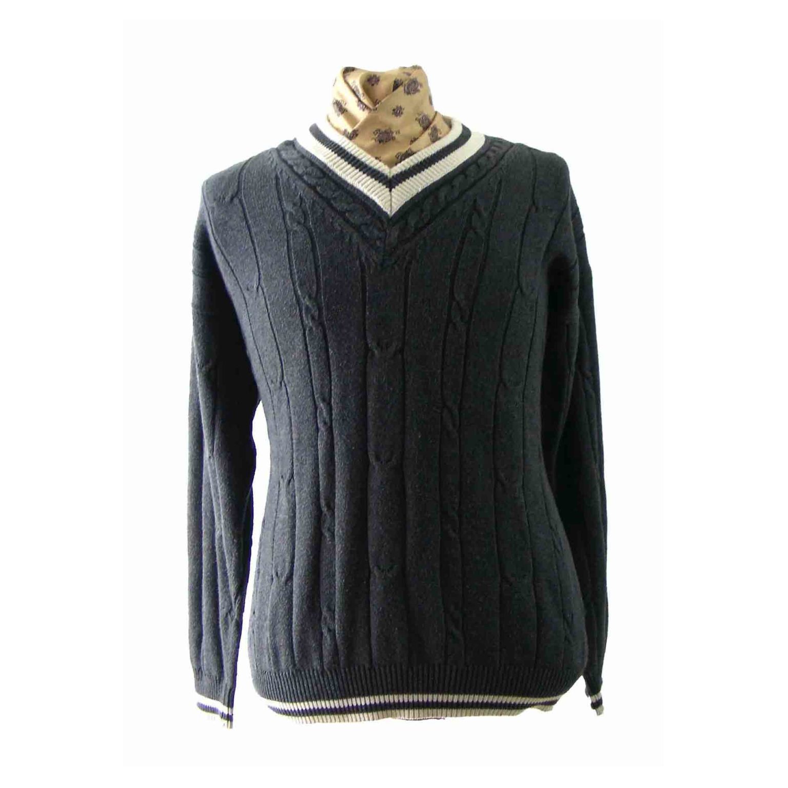 Vintage Dark Gray V Neck Cable Cotton Knit Sweater Winter main image 0