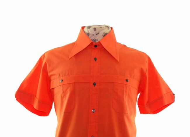 70s Bright Orange Big Collared Short Sleeve Shirt - L - Image 2