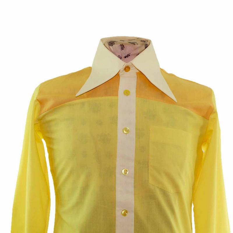 70s three Tone Yellow Panelled Big Collared Shirt Blue 17 Vintage Clothing