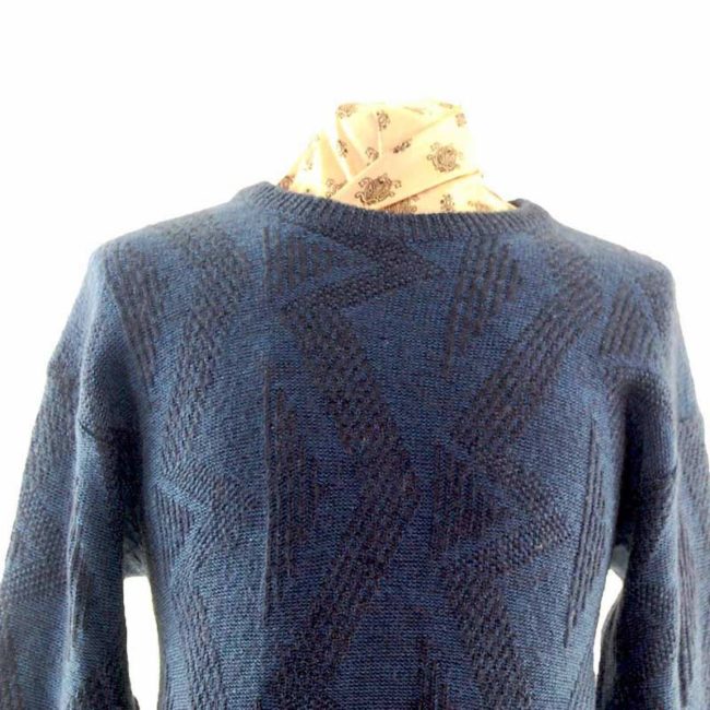 80s Mens Blue Patterned Sweater - M - Image 2