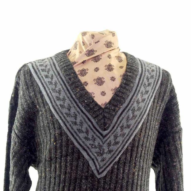 80s Mens Brown V Neck Ribbed Sweater - L - Image 2
