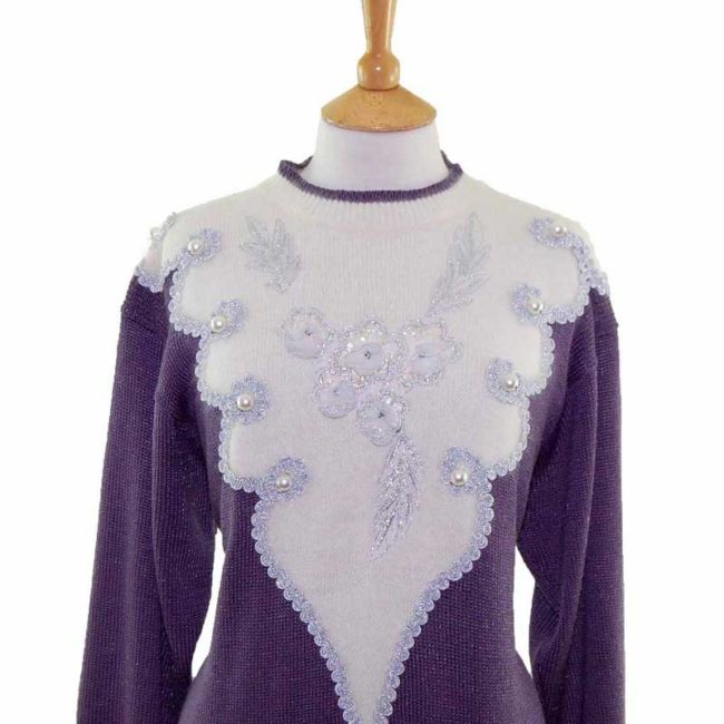 Ladies Purple With Silver Decoration Long Sleeve 80s Sweater  - UK Size 14 - Image 2