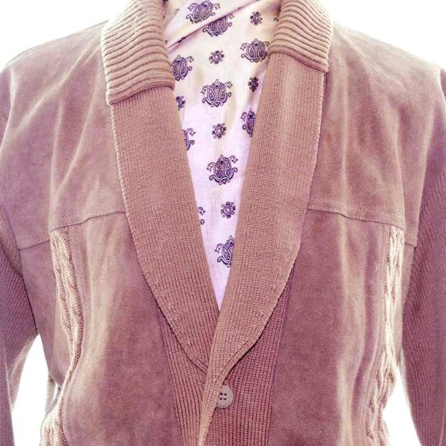 70s Brown Suede Cable Knit Mens Button Cardigan - L - Image 3