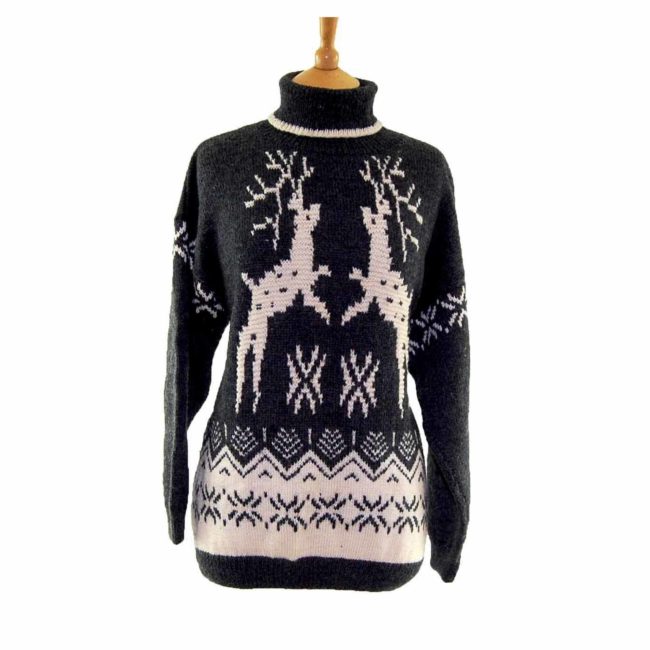 Grey Pure Wool Womens Reindeer Jumper - 14