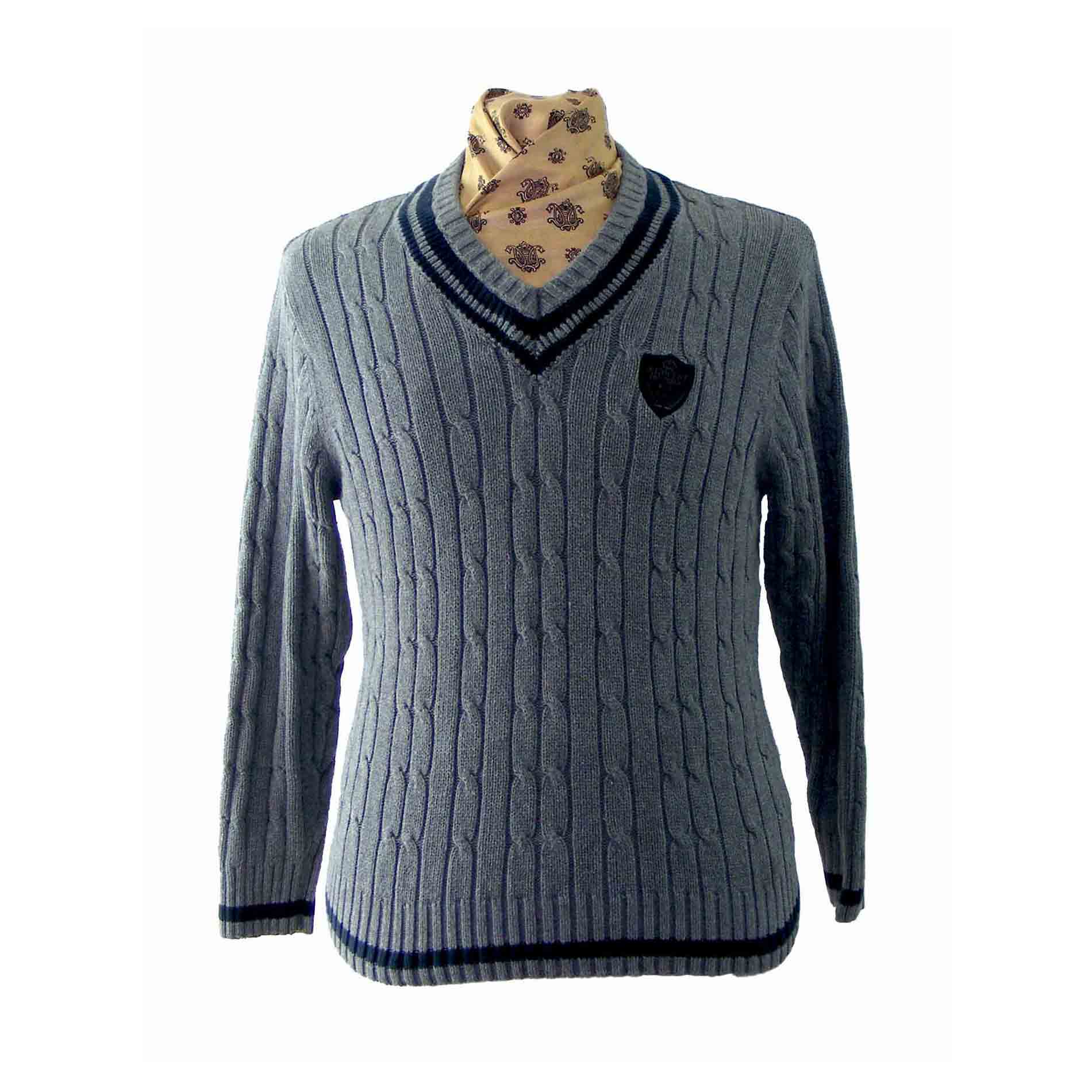 Grey And Navy V Neck Cable Knit Sweater