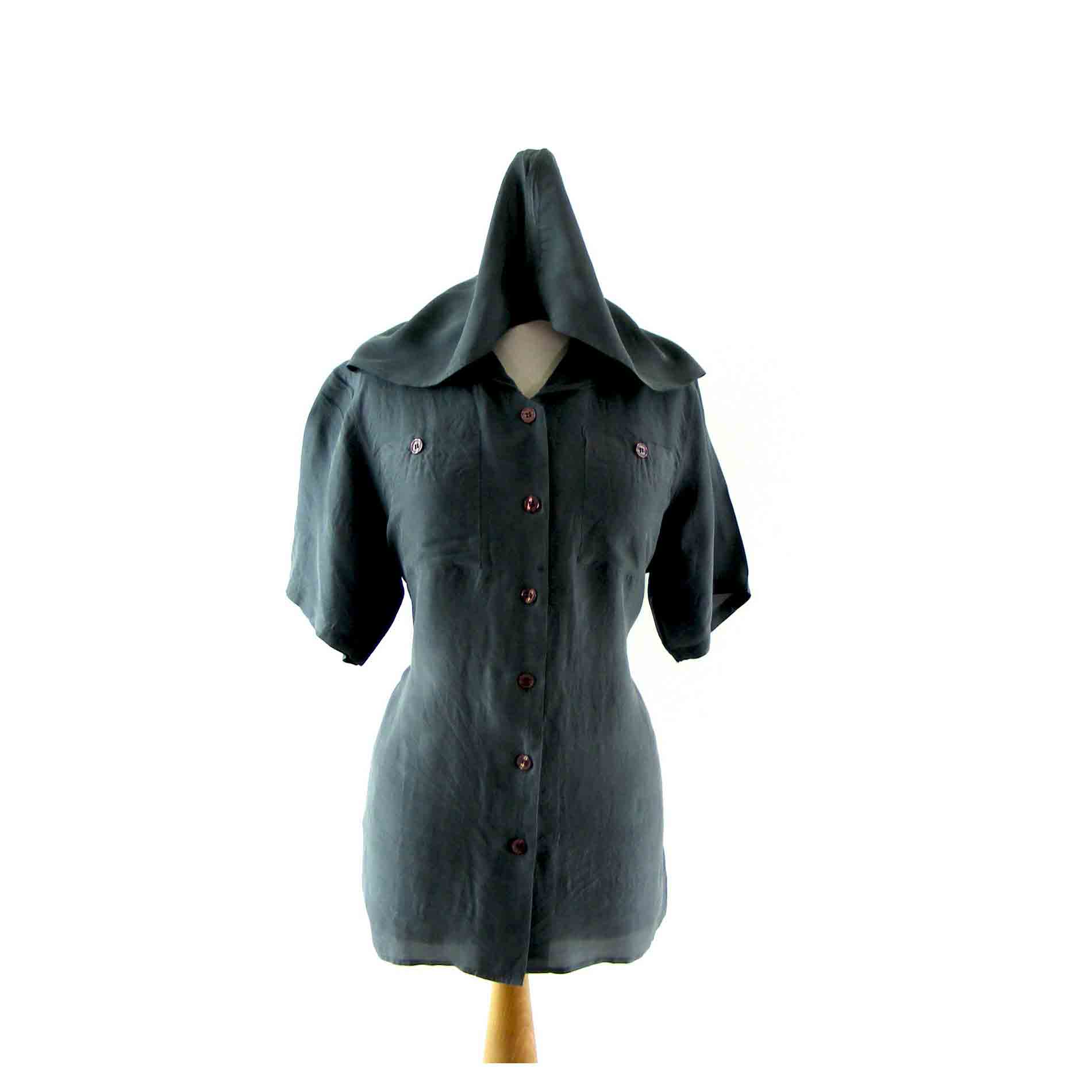 Grey silk hooded blouse