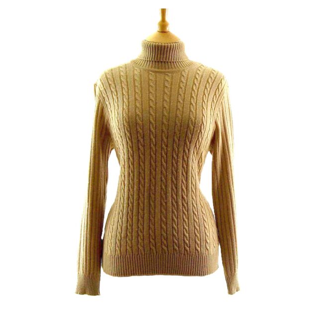 Ladies Beige Cable Knit Roll Neck Sweater - 12