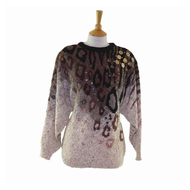 Ladies Multicoloured Gold Decoration Dolman Sleeved 80s Sweater  - 12