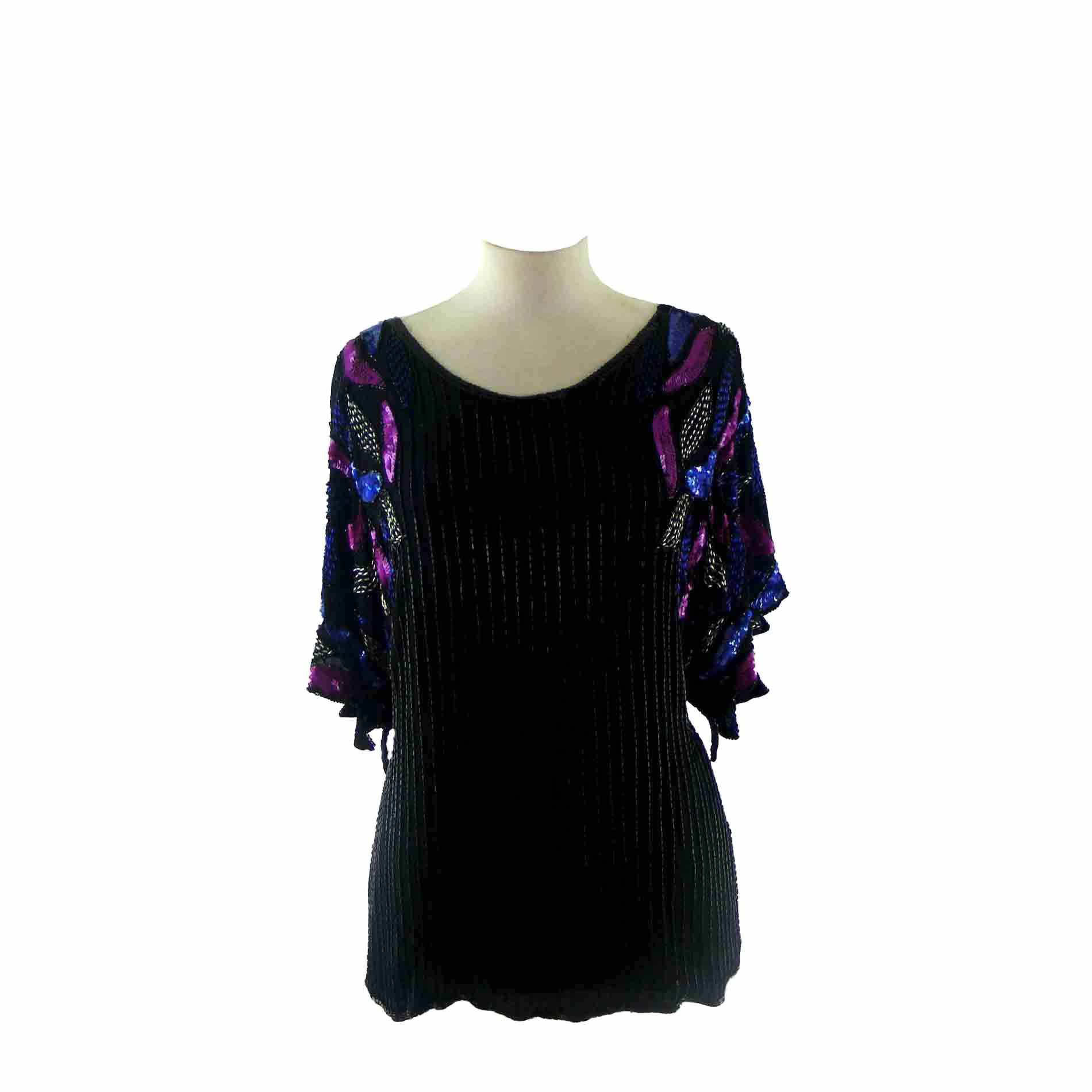 Long Black Beaded Top W Sequinned Sleeves - Blue17