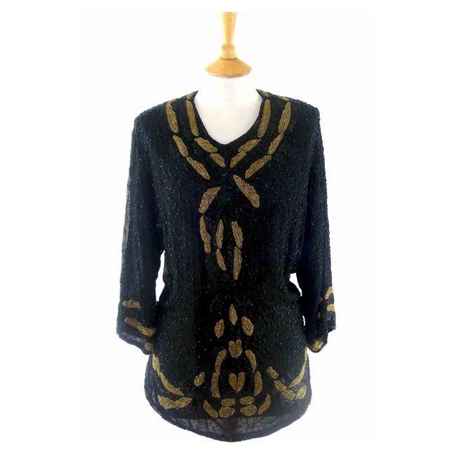 Long Black & Gold Beaded Top - 12