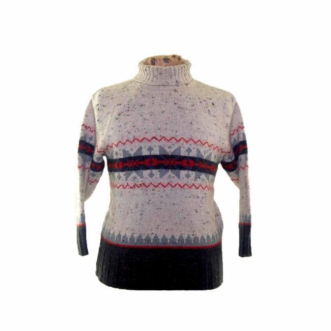 Mens Shetland Wool Roll Neck Southwest Patterned Jumper - M
