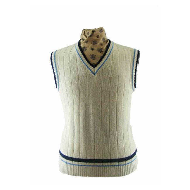 Mens White & Blue Sleeveless Cricket Sweater - L