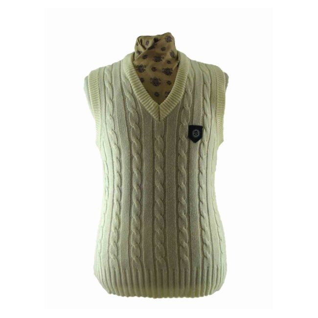 Mens White V Neck Cable Knit Sleeveless Cricket Sweater - M
