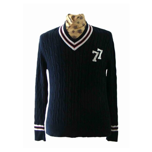 Navy Blue V Neck Cable Knit Sweater