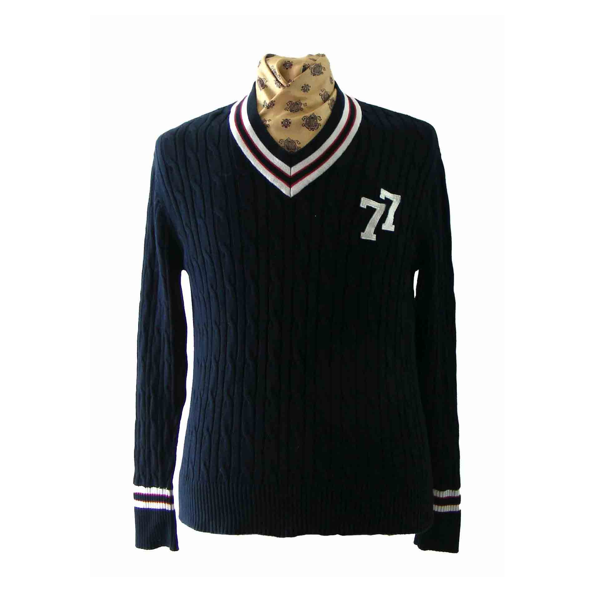 Navy Blue V Neck Cable Knit Sweater