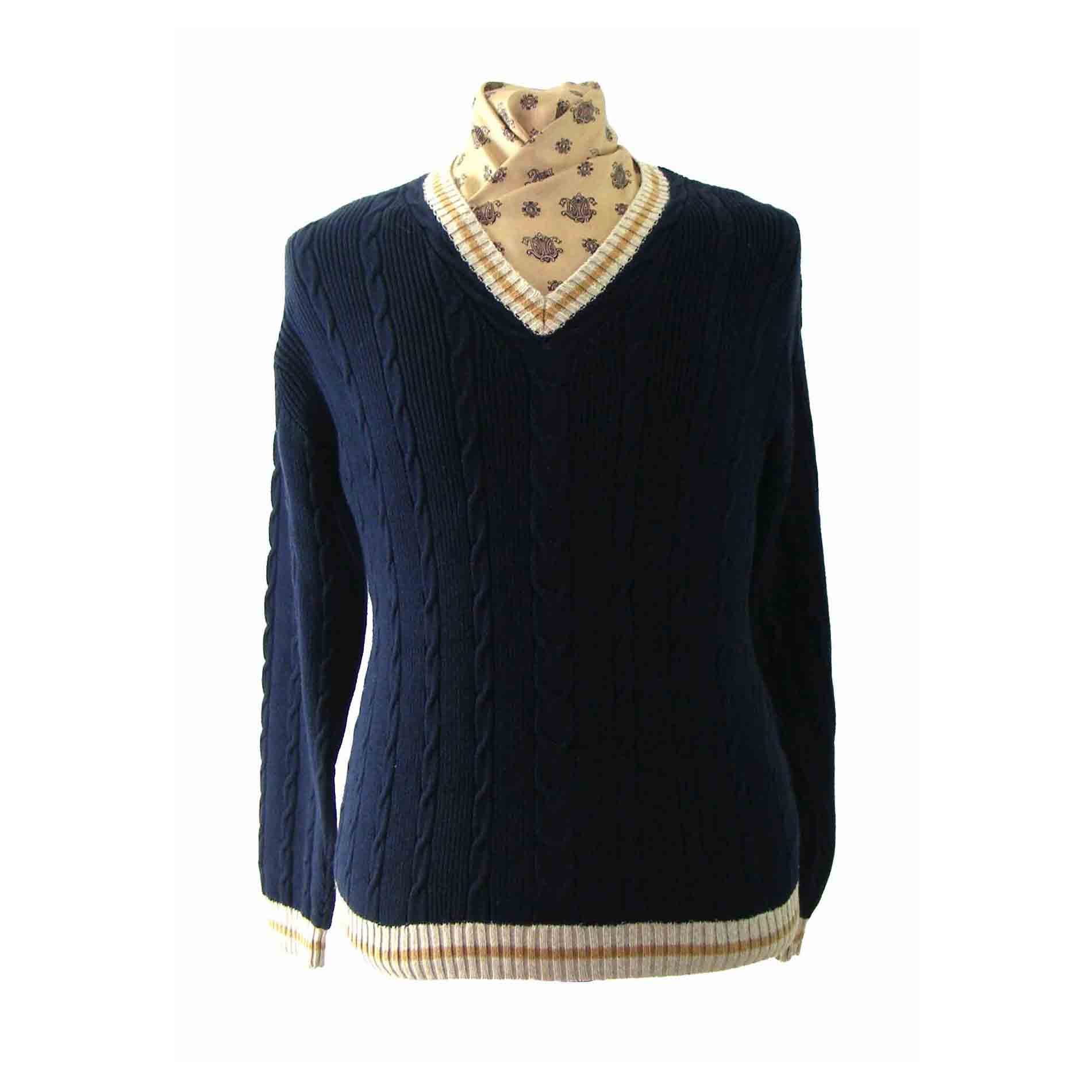 Navy V Neck Cotton Cable Knit Sweater