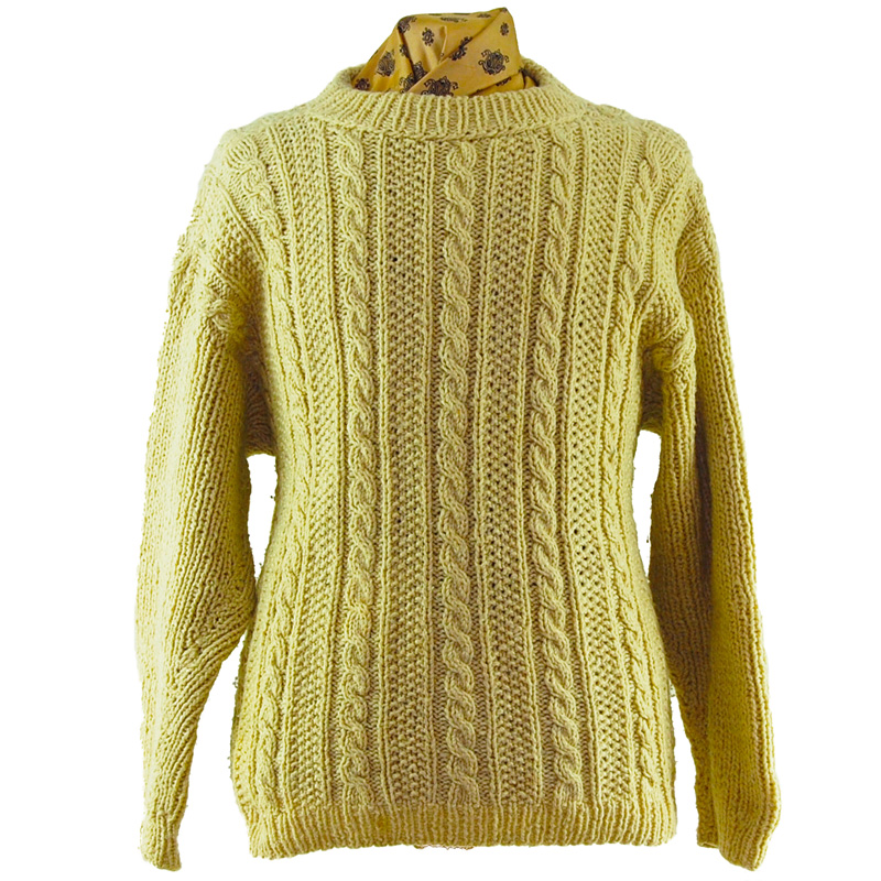 Plain Cream Cable Knit Sweater - UK Size L - Blue 17 Vintage Clothing