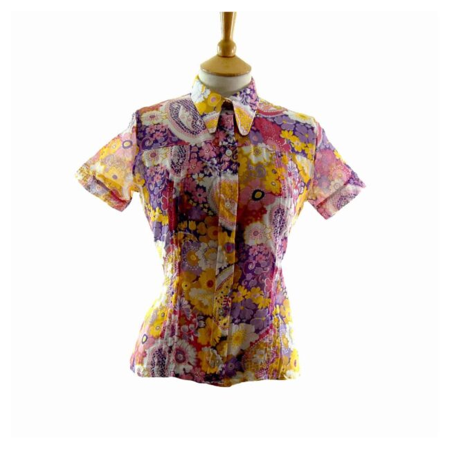 Psychedelic-Multicoloured-Floral-Print-Short-Sleeve-70s-Blouse