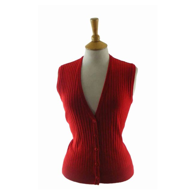 Red V Neck Ribbed Knitted Waistcoat  - 8