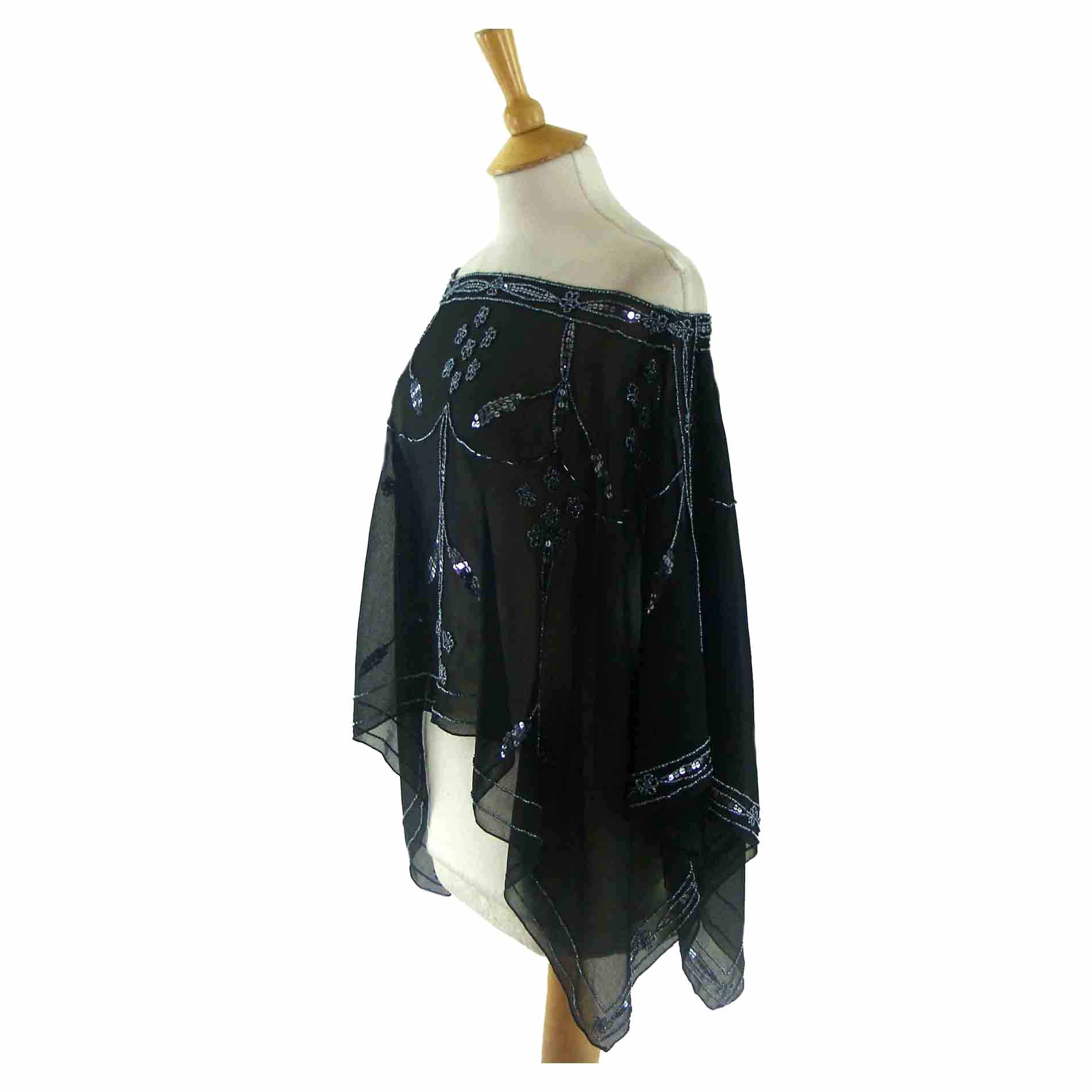 Sparkly Black Beaded Sequinned Cape-let - 10 - Blue 17 Vintage Clothing