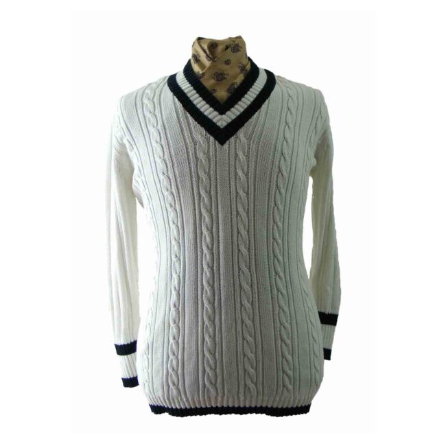 White And Black V Neck Cable Knit Sweater