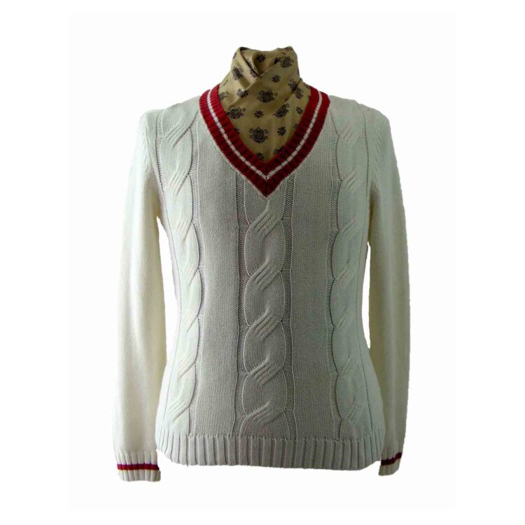 White And Red V Neck Cable Knit Sweater