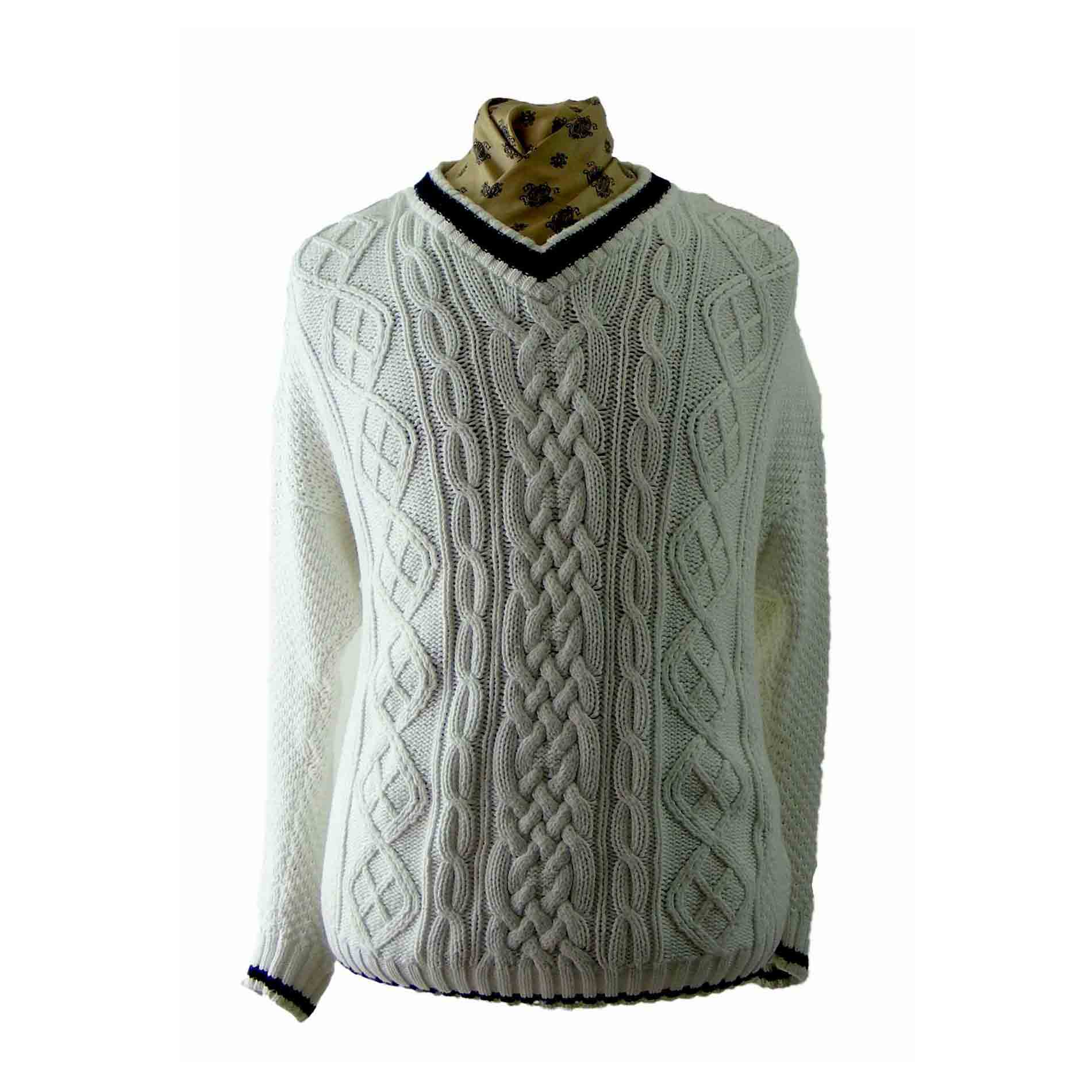 White Cotton V Neck Cable Knit Sweater