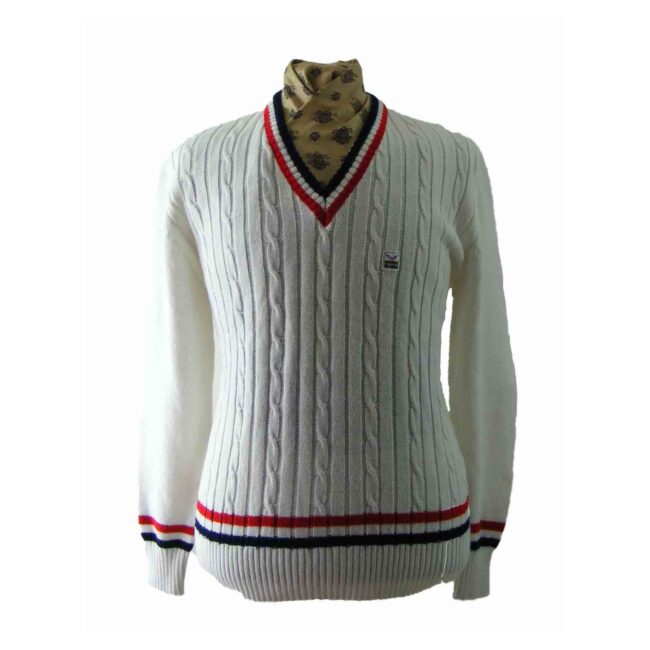 White V Neck Cricket Cable Knit Sweater