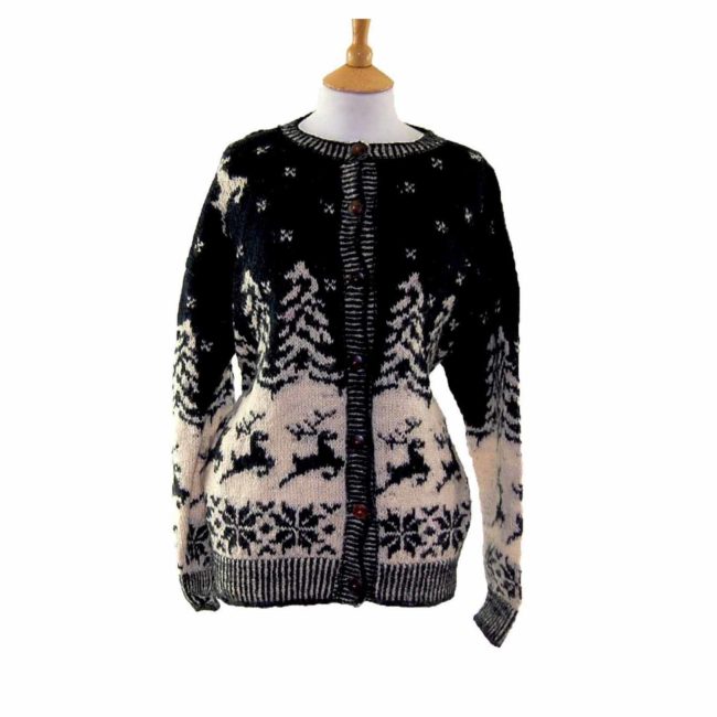 Womans Pure Wool Black Reindeer Cardigan - 14