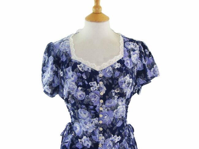 90s Blue Floral Button Through Dress - 16 - Image 2