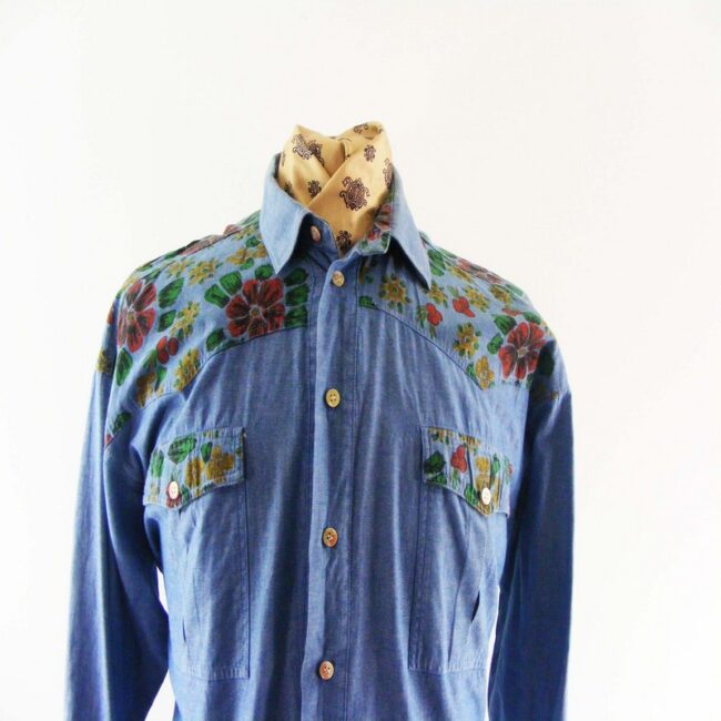 80s Western Denim Shirt With Floral Print - L - Image 2