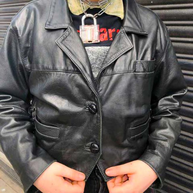 close up of 80s Cropped Black Leather Jacket