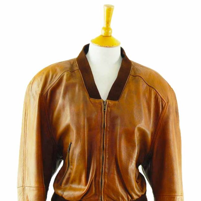 close up of 80s Cropped Tan Leather Jacket