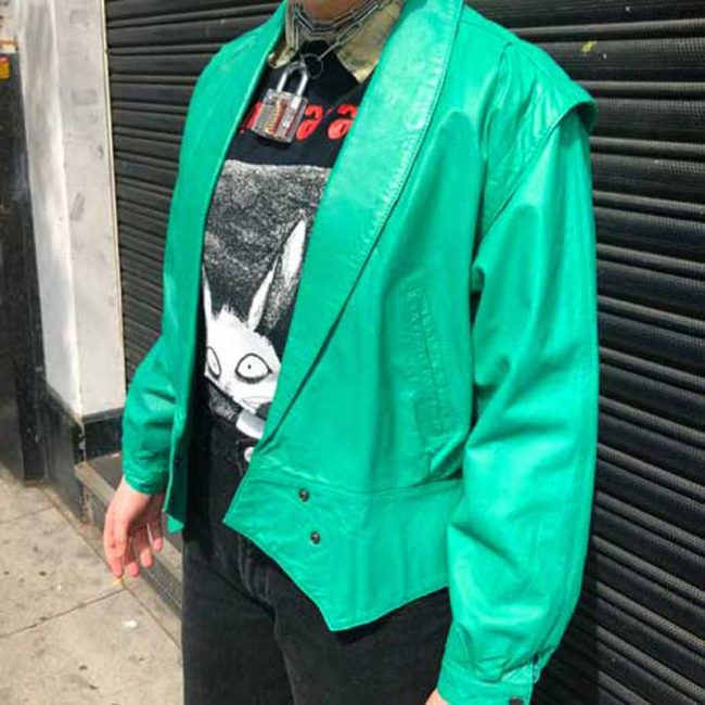 close up of 80s Oversized Green Leather Jacket