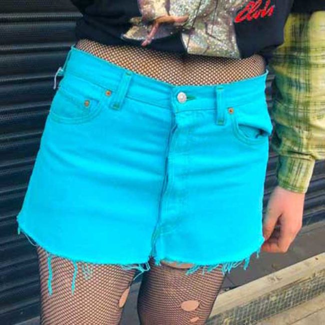 close up of 90s Cropped Blue Levis Skirt