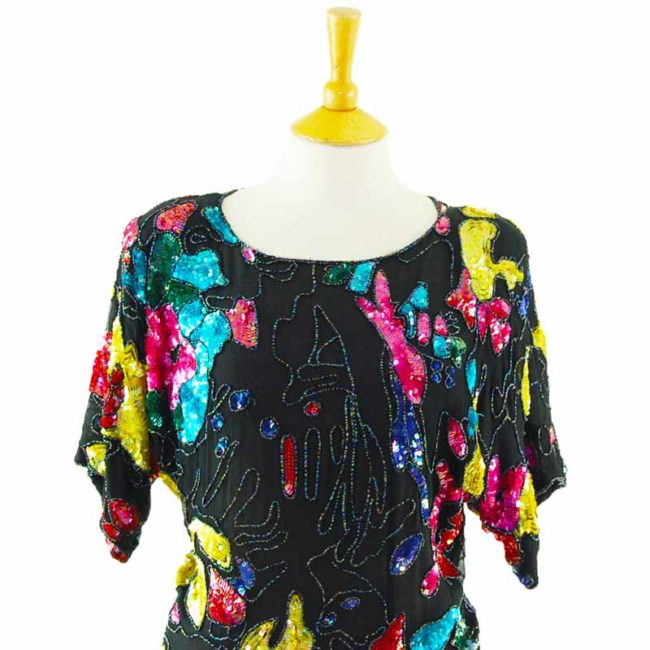 close up of 90s Multicolored Black Sequined Top