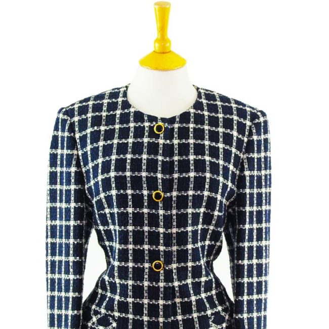 close up of 90s Navy Blue Checkered Blazer