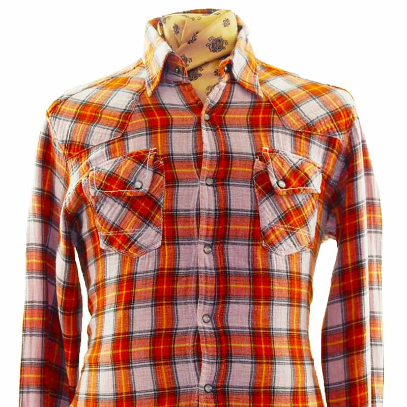 Orange Checked Western Shirt - XL - Blue 17 Vintage Clothing